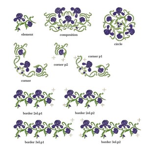 May include: A set of embroidery designs featuring purple iris flowers with green leaves. The designs include a single flower, a corner design, a border design, and a circle design.