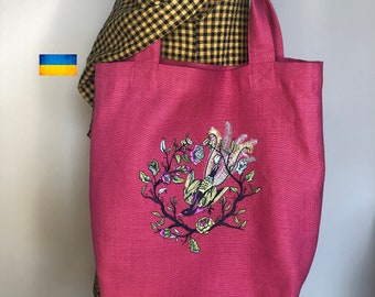 Pink linen embroidered bird of paradise tote bag for the beach or picnics