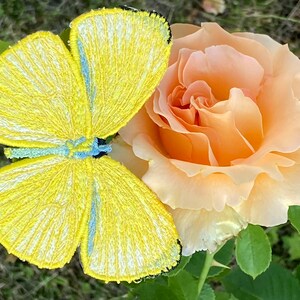 May include: A yellow butterfly embroidered patch with blue accents, placed on a peach-coloured rose.