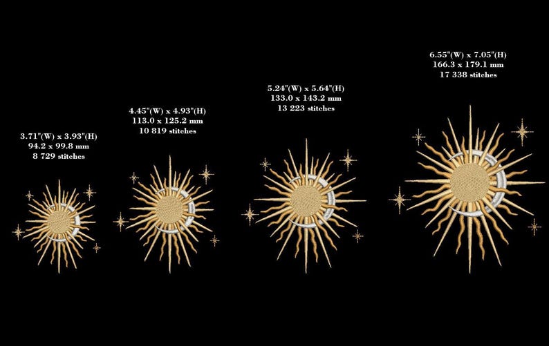 K&ouml;nnte beinhalten: Vier goldene Sonnenstrahlen-Stickmotive mit einem Halbmond in der Mitte. Die Motive sind in verschiedenen Gr&ouml;&szlig;en, wobei das kleinste 9,4 cm breit und 9,9 cm hoch ist und das gr&ouml;&szlig;te 16,6 cm breit und 17,9 cm hoch ist. Jedes Motiv enth&auml;lt die Abmessungen in Zoll und Millimetern sowie die Anzahl der Stiche.