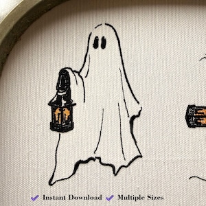 May include: An embroidery design on white fabric featuring a ghost outlined in black thread, holding a black lantern with orange light. Below the ghost, purple checkmarks accompany the text: Instant Download, Multiple Sizes, and Clean Stitching.