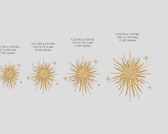 Könnte beinhalten: Vier goldene Sonnenstrahlen-Designs in verschiedenen Größen. Die Sonnenstrahlen bestehen aus einem sich wiederholenden Muster von Strahlen. Jeder Sonnenstrahl hat einen kleinen Kreis in der Mitte. Die Sonnenstrahlen sind von kleinen Sternen umgeben.