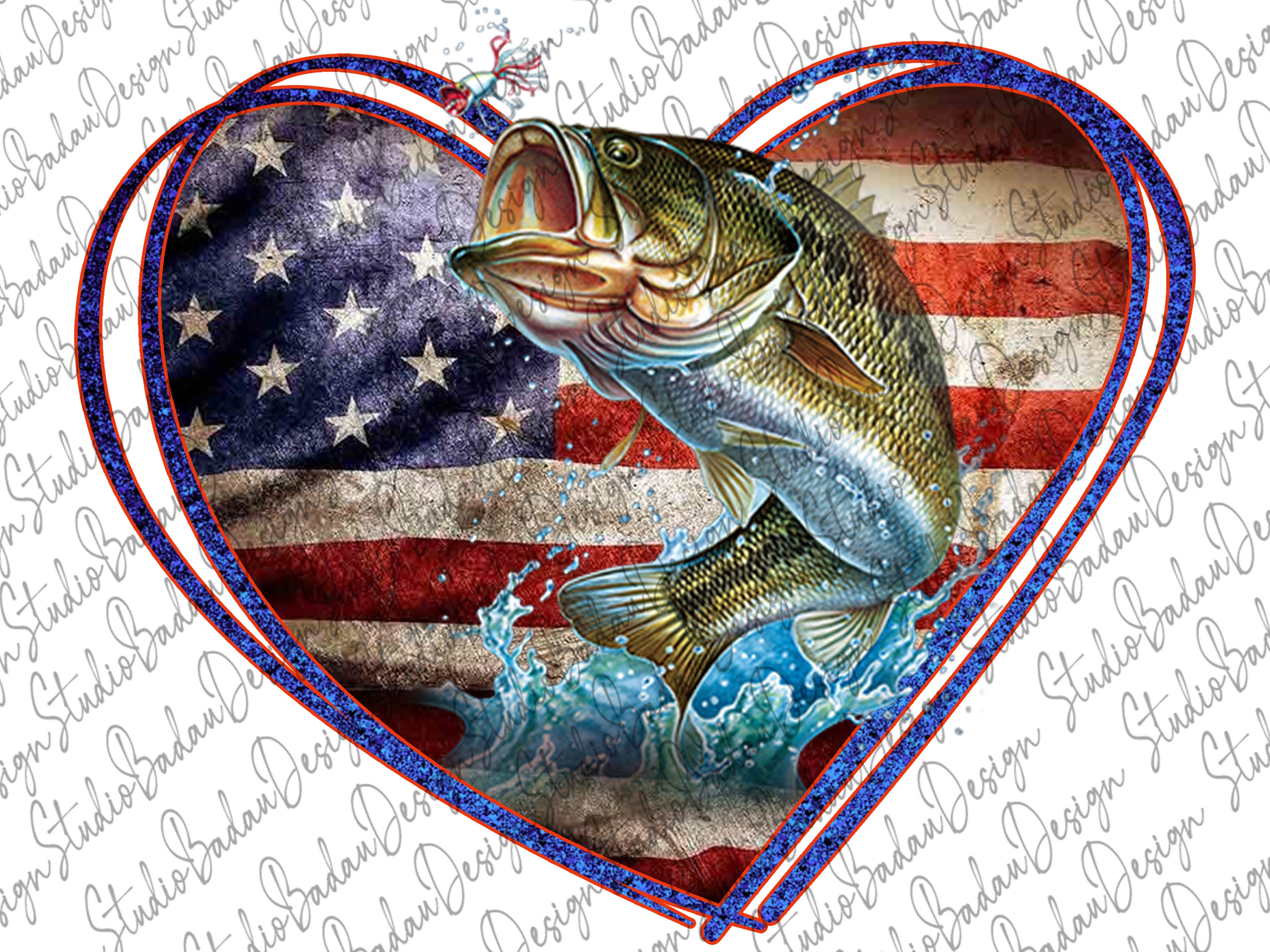 Fish American Flag Png Fishing Heart Fishing Sublimation | Etsy