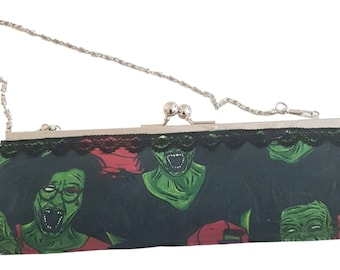 Borsa gotica, borsa alternativa, borsa personalizzata con stampa zombie horror, borsa gotica/alternativa eccentrica.