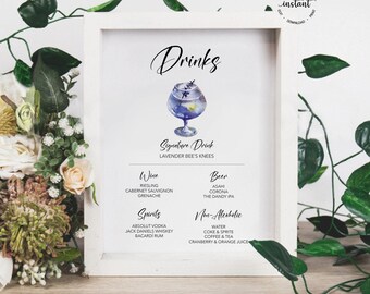 May include: A white framed sign displaying a drinks menu. The sign features a watercolour illustration of a cocktail and a list of drink options, including wine, spirits, beer, and non-alcoholic beverages. Green vines and a bouquet of flowers surround the sign.