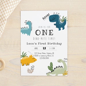 Convite de aniversário de dinossauro, aniversário com tema Dino Jurassic, cartão de primeira festa Dino-Mite, aniversário de menino, download instantâneo, modelo editável