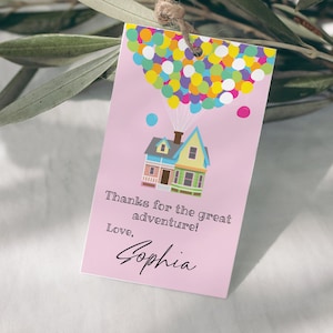 UP baby shower aangepaste cadeau tag roze, afdrukbare dank u tags, gunst, huis en ballonnen, avontuur is daar, direct bewerkbare download