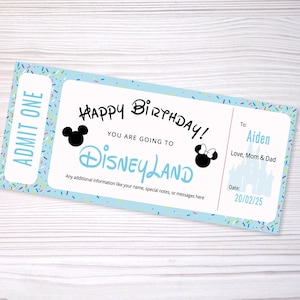 Certificado de cumpleaños del parque temático de vacaciones de Disneyland, boleto de viaje sorpresa de Sprinkles, vale de regalo, niños, para él, bricolaje editable personalizable