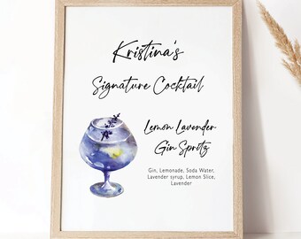 May include: A printable sign with a watercolour illustration of a cocktail glass filled with a blue drink and garnished with lavender. The text reads "Kristina's Signature Cocktail Lemon Lavender Gin Sprite Gin, Lemonade, Soda Water, Lavender syrup, Lemon Slice, Lavender."