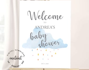 Signo de bienvenida de baby shower en la nube, plantilla editable de baby shower, signo de bienvenida de bebé, póster de baby shower, plantilla PDF, descarga instantánea 1001
