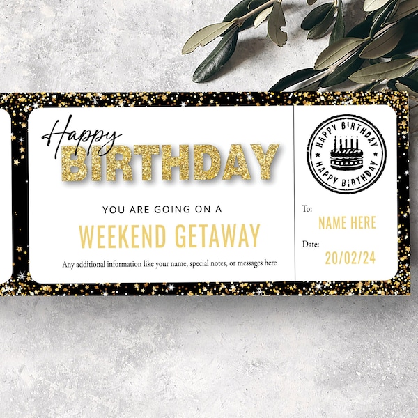 Geburtstagsgeschenk, Happy Birthday, Wochenendausflug Geschenkgutschein, Date Night Coupon, Vorlage, bearbeitbar, druckbar DIY, Glitzer