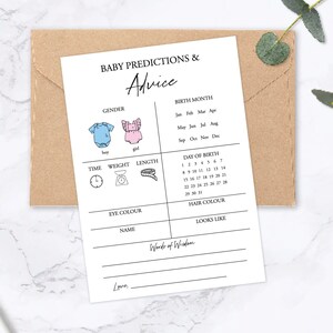 Minimalist Baby Shower Predictions and Advice Card, Printable Baby Predictions Template, Baby Guessing Game, Advice Card, Black and white