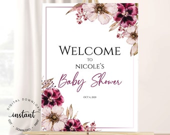 Frühlings-Garten-Blumen-Babyparty-Willkommensschild, Baby in der Blüte, Blumen-Babypartyplakat, Gartenparty, Aquarell-bearbeitbare Vorlage 1004