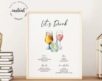 May include: A printable sign with the text "Let's Drink" in black script font. The sign features watercolour illustrations of a glass of beer, a glass of wine, and a cocktail. The sign lists different types of wine, beer, spirits, and non-alcoholic drinks.