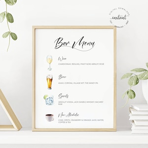 Hochzeit Bar Menü Liste Schild, Benutzerdefiniertes Getränkekarte Poster, Wein und Bier Liste, druckbare Barkarte, Aquarell Cocktail Beschilderung, personalisieren Zeichen