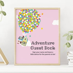 PINK Guest Book Printable Sign, UP Theme, Balloons Baby Shower, Please Sign Guestbook Signage, Adventure is out there, DIY, Table Sign