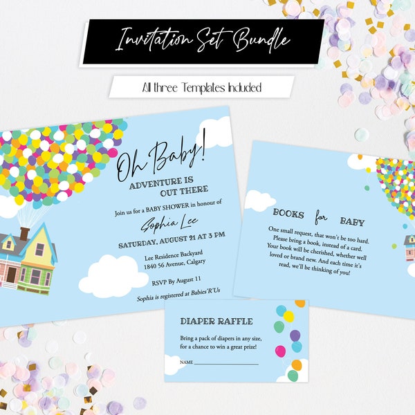 UP Baby Shower Invitation BUNDLE, Printable Invitation Template, Flying House and Balloons, Adventure is Out There, Instant Editable