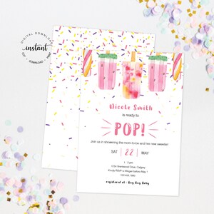 May include: A pink and white baby shower invitation with a popsicle theme. The invitation features a watercolor illustration of popsicles with sprinkles and the text "Vicole Smith is ready to POP!"  Join us in showering the mom-to-be and her new sweetie! SAT 22 MAY 1-3pm 1234 Brentwood Drive Calgary Kindly RSVP to Megan before May 1 123.456.7890 registered at Buy Buy Baby