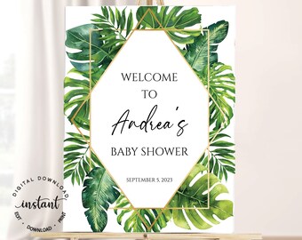 Cartel de bienvenida para baby shower de plantas tropicales, cartel temático de selva tropical, cartel de césped para puerta de baby shower tropical, descargar plantilla editable 1003
