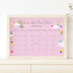 UP Pink Baby Fälligkeit Datum Kalender Zeichen, Errate das Geburtstag Duschspiel, bearbeitbare Vorlage, Sofort Download, DIY benutzerdefiniertes Baby Poster, UP Theme