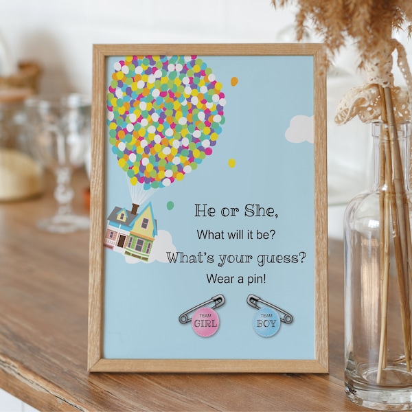 Boy or Girl Gender Reveal sign, Wear your guess Printable, UP Theme, Balloons Baby Shower, Guess the Gender, Adventure is out there, DIY