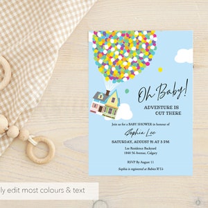 UP Baby Shower Custom Invitation, Printable Invitation Template, Flying House and Balloons, Adventure is Out There, Instant Editable image 4