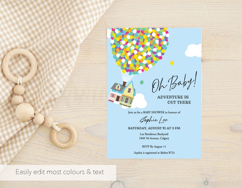 UP Baby Shower Custom Invitation, Printable Invitation Template, Flying House and Balloons, Adventure is Out There, Instant Editable image 4