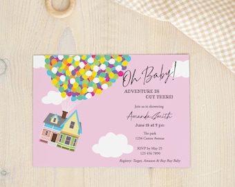 UP Girl Baby Shower Custom Invitation Pink , Printable Invitation Template, Flying Balloons, Adventure is Out There, Instant Editable