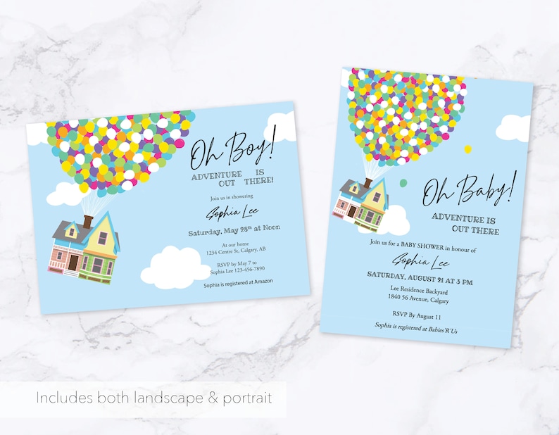 UP Baby Shower Custom Invitation, Printable Invitation Template, Flying House and Balloons, Adventure is Out There, Instant Editable image 3