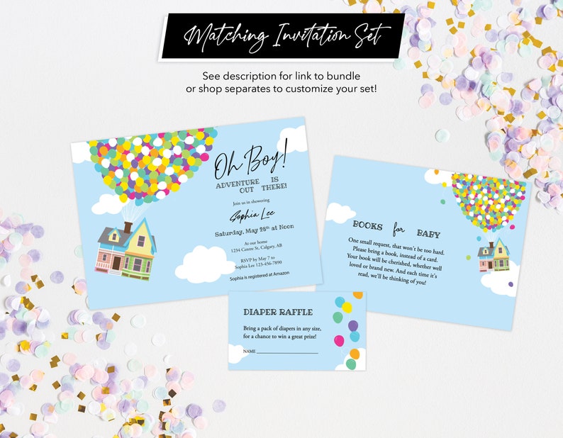 K&ouml;nnte beinhalten: Ein Satz von drei blauen und wei&szlig;en Babyparty-Einladungen mit einem Cartoon-Bild eines Hauses, das mit Ballons fliegt. Der Text auf den Einladungen lautet "Oh Boy! Adventure is out there!" und "Books for Baby".