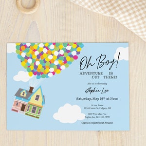 UP Baby Shower Custom Invitation, Printable Invitation Template, Flying House and Balloons, Adventure is Out There, Instant Editable image 1