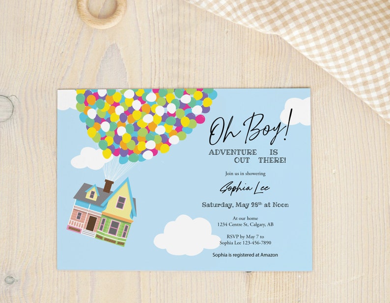 UP Baby Shower Custom Invitation, Printable Invitation Template, Flying House and Balloons, Adventure is Out There, Instant Editable image 1