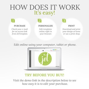 May include: A graphic showing how to use a digital template. The steps are: 1. Purchase, 2. Personalize, 3. Print. The graphic shows a laptop screen with a green circle that says "Edit with Jet Template". The text below the graphic says "Try Before You Buy! Visit the demo link in the description below to see how easy it is to edit your purchase."