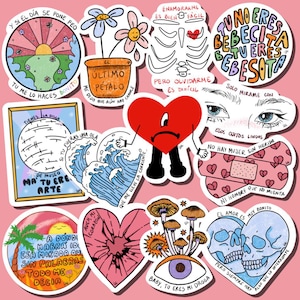 Puede incluir: Una colección de pegatinas coloridas con varios diseños y texto. Las pegatinas presentan ilustraciones de flores, un corazón con piernas, un esqueleto, ojos, olas, setas y frases en español. Las pegatinas están sobre un fondo rosa.