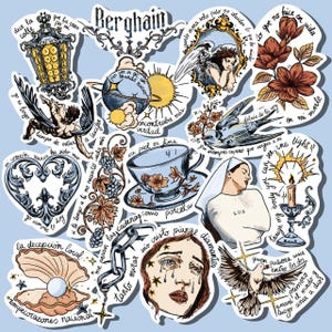 Pode incluir: Uma coleção de autocolantes com várias ilustrações e texto sobre um fundo azul claro. Os desenhos incluem uma chávena de chá, um anjo, uma pomba e uma mulher com um véu. A palavra "Berghain" está no topo.