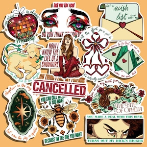 May include: A collection of colorful stickers with various designs and text. Includes a disco ball, a lamb, a bee, and a woman in a red dress. Text includes "Cancelled", "Tell me for real", and "Because I'm the one you want".