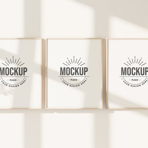 Three Frames Mockup PSD, 3 Frames Mockup on white wall background, Gallery Wall Mockup, Wood frame mockup, Neutral Wall Art Frames Mockup.