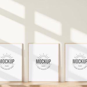 Mockup of three wooden frames, Minimalistic Frame Mockup, Wall Art Mockup, Gallery Wall Mockup, Poster Mockup PSD, 8x10 Frames Mockup.