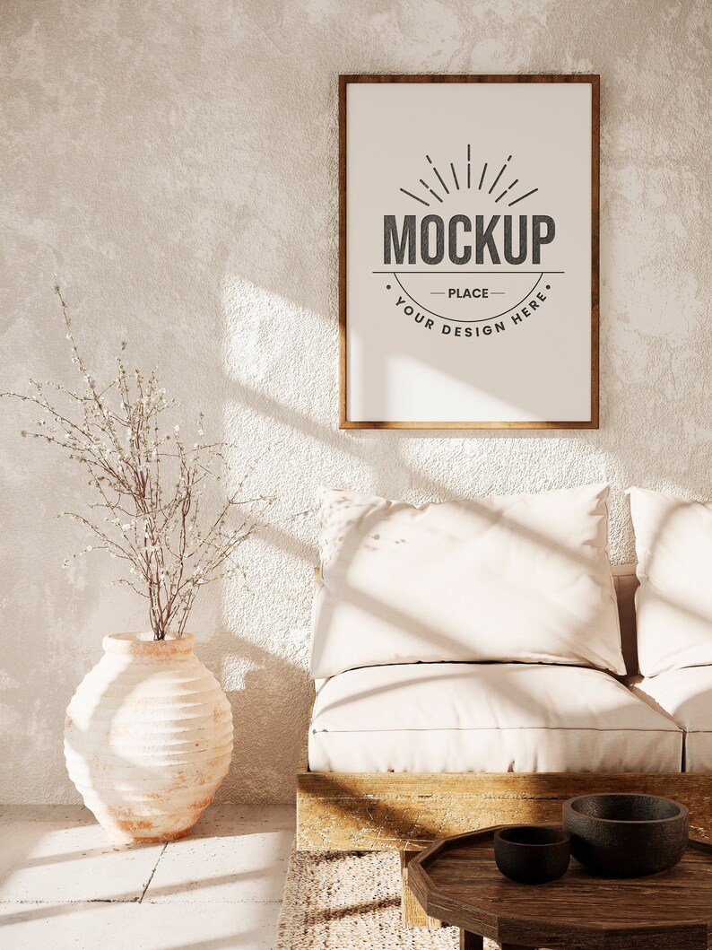 Mock up frame in farmhouse style interior background, Minimalist mockup image 8