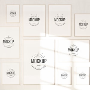 Gallery Wall Mockup, Light Wood Ten Frames Mockup, Wall Art Mockup, Poster Mockup, 10 Frames Mockup, Art Print Mockup, Mockup psd jpeg png.