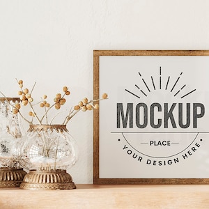 Square frame Mockup, Vintage style mockup of a square wooden frame, Farmhouse frame mockup, Boho frame mockup, Wall Art Mockup, PSD Mockup.