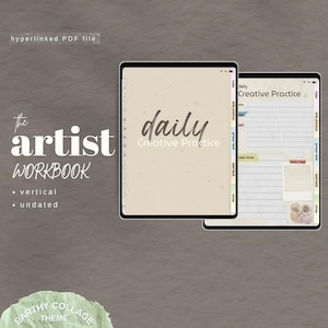 May include: Digital artist workbook with a neutral color palette. The cover reads "The Artist Workbook" with the word "daily" in cursive. The workbook is vertical and undated. The text "hyperlinked PDF file" is at the top.