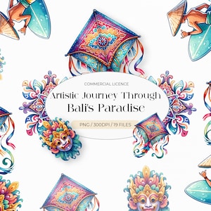 Aquarel Bali Lifestyle Clipart Set - Aziatische reizen illustraties PNG-afbeelding, uitnodigingen, kaarten, decoraties, digitale download.
