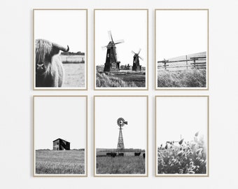 Set de 6 impresiones en blanco y negro de decoración de granja, impresión de granero, impresión de molino de viento, fotografía de naturaleza en blanco y negro, juego de pared de galería, impresión de hierba seca