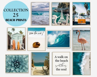 Beach Gallery Wall Set of 25 prints, Coastal Beach Wall Art, Surfing Posters, California Prints, wall art bundle, Digital download