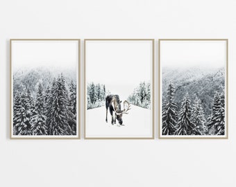 Winter Theme Decor Set of 3, Printable Nordic Wall Art, Snowy Christmas Poster, Winter Forest 3 Pieces Wall Art, Nature Photography Print