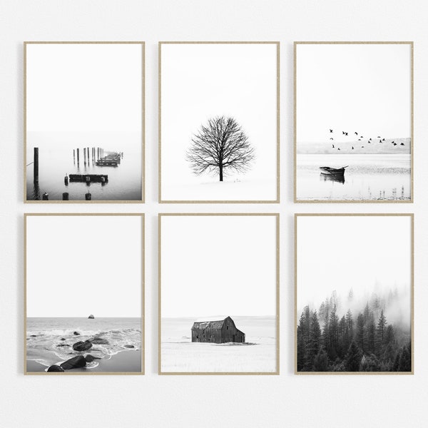 Noir et blanc 6 tirages d’art mural, tirages nature, photographie de paysage Impression de montagne, impression océanique, tirages téléchargeables impression de grange de plage