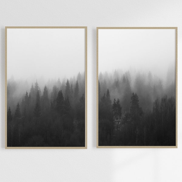 Set of 2 Forest Prints, Foggy Nature Poster, Forest 2 Piece Set, Nordic Photography ,Foggy Forest Photo, Misty Landscape, Large Fog Forest