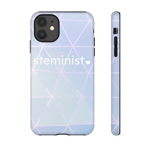 May include: A light blue phone case with a geometric pattern and the word "feminist" in white text with a small white heart.