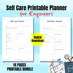May include: A printable planner bundle for engineers with a blue and white design. The bundle includes a self-care planner and a gratitude journal. The text "14 PAGES PRINTABLE BUNDLE" is at the bottom of the image.